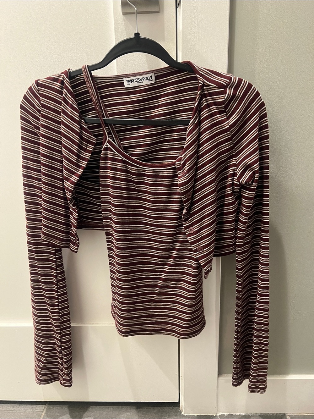 Princess Polly Burgundy & White Striped Camisole with Matching Shrug